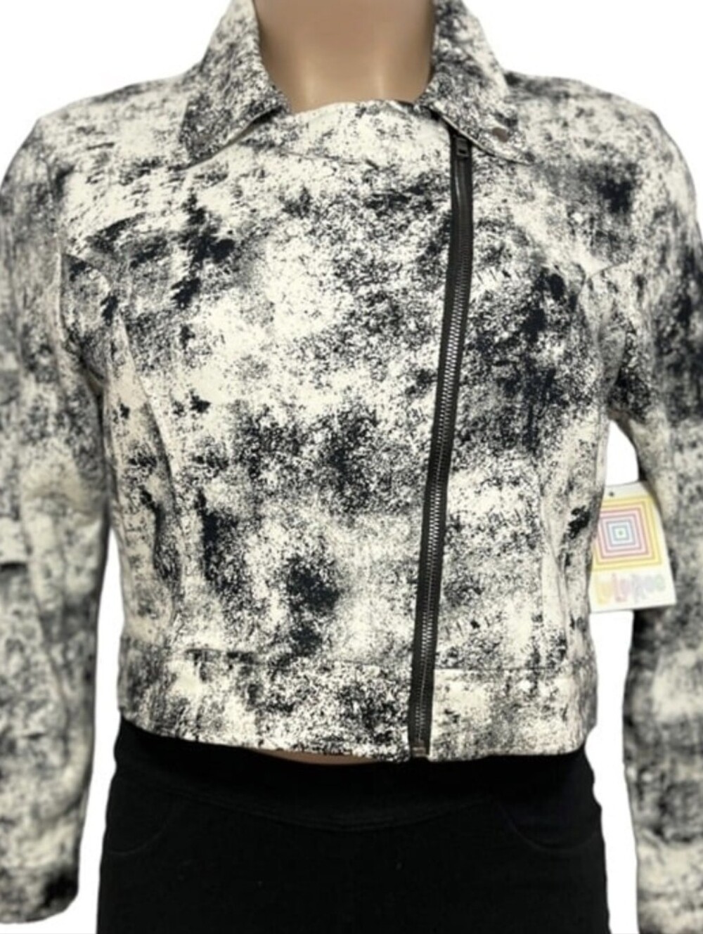 LULAROE Printed Asymmetric Zip Tie Dye Motor Jacket - Black & White Size 3X